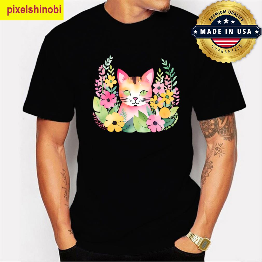 Watercolor Pink Cat Floral Design T-shirt